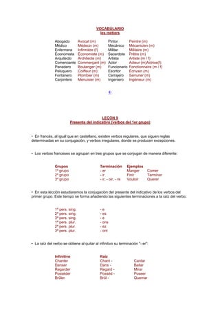 VOCABULARIO
les métiers
Abogado Avocat (m) Pintor Peintre (m)
Médico Médecin (m) Mecánico Mécanicien (m)
Enfermera Infirmière (f) Militar Militaire (m)
Economista Économiste (m) Sacerdote Prêtre (m)
Arquitecto Architecte (m) Artista Artiste (m / f)
Comerciante Commerçant (m) Actor Acteur (m)Actrice(f)
Panadero Boulanger (m) Funcionario Fonctionnaire (m / f)
Peluquero Coiffeur (m) Escritor Écrivain (m)
Fontanero Plombier (m) Cerrajero Serrurier (m)
Carpintero Menuisier (m) Ingeniero Ingénieur (m)
!
LEÇON 9
Presente del indicativo (verbos del 1er grupo)
• En francés, al igual que en castellano, existen verbos regulares, que siguen reglas
determinadas en su conjugación, y verbos irregulares, donde se producen excepciones.
• Los verbos franceses se agrupan en tres grupos que se conjugan de manera diferente:
Grupos Terminación Ejemplos
1º grupo - er Manger Comer
2º grupo - ir Finir Terminar
3º grupo - ir, - oir, - re Vouloir Querer
• En esta lección estudiaremos la conjugación del presente del indicativo de los verbos del
primer grupo. Este tiempo se forma añadiendo las siguientes terminaciones a la raíz del verbo:
1ª pers. sing. - e
2ª pers. sing. - es
3ª pers. sing. - e
1ª pers. plur. - ons
2ª pers. plur. - ez
3ª pers. plur. - ont
• La raíz del verbo se obtiene al quitar al infinitivo su terminación "- er":
Infinitivo Raíz
Chanter Chant - Cantar
Danser Dans - Bailar
Regarder Regard - Mirar
Posséder Posséd - Poseer
Brûler Brûl - Quemar
 
