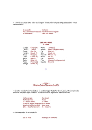 • También se utiliza como verbo auxiliar para construir los tiempos compuestos de los verbos
de movimiento:
Je suis allé Yo he ido
Nous sommes arrivés(ées) Nosotros hemos llegado
Ils sont venus Ellos han venido
VOCABULARIO
le corps
Cuerpo Corps (m) Pierna Jambe (f)
Cabeza Tête (f) Rodilla Genou (m)genoux(PL)
Cuello Cou (m) Pie Pied (m)
Hombro Épaule (f) Uña Ongle (m)
Brazo Bras (m) Músculo Muscle (m)
Codo Coude (m) Hueso Os (m)
Mano Main (f) Piel Peau (f)
Dedo Doigt (m) Pelo Cheveu (m)Cheveux(pl)
Pecho Poitrine (f) Espalda Dos (m)
Barriga Ventre (m)
!!!!
LEÇON 3
El verbo "haber" (le verbe "avoir")
• El verbo francés "avoir" se traduce en castellano por "haber" o "tener", con un funcionamiento
similar al del verbo inglés "to have". Su declinación en el presente del indicativo es:
Yo he (tengo) J'ai (Je ai)
Tu has (tienes) Tu as
El / ella ha (tiene) IL / elle a
Nosotros hemos (tenemos) Nous avons
Vosotros habéis (tenéis) Vous avez
Ellos / ellas han (tienen) Ils / elles ont
• Como ejemplos de su utilización:
J'ai un frère Yo tengo un hermano
 