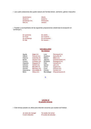 • Las cuatro estaciones (les quatre saisons de l'année) tienen, asimismo, género masculino:
Automne(m) Otoño
Hiver(m) Invierno
Printemps (m) Primavera
Été (m) Verano
• Pueden ir acompañados de las siguientes preposiciones (obsérvese la excepción en
"printemps"):
En automne En otoño ...
En hiver En invierno ...
Au printemps En primavera ...
En été En verano ...
VOCABULARIO
les oiseaux
Aguila Aigle (m) Loro Perroquet (m)
Halcón Faucon (m) Avestruz Autruche (f)
Paloma Colombe (f) Milano Milan (m)
Buitre Vautour (m) Jilguero Chardonneret (m)
Cuervo Corbeau (m) Ruiseñor Rossignol (m)
Cigüeña Cigogne (f) Pato Canard (m)
Canario Canari (m) Ganso Jars (m)
Gaviota Mouette (f) Cisne Cygne (m)
Gorrión Moineau (m) Cuco Coucou (m)
Golondrina Hirondelle (f) Cóndor Condor (m)
Búho Hibou (m) Murciélago Chauve-souris (f)
!
LEÇON 32
El pasado reciente
• Este tiempo pasado se utiliza para describir acciones que acaban de finalizar.
Je viens de manger Yo acabo de comer
Il vient d'étudier El acaba de estudiar
 