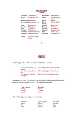 VOCABULARIO
l'enfant
Embarazo Grossesse (f) Nacimiento Naissance (f)
Aborto Avortement (m) Parto Accouchement
(m)
Maternidad Maternité (f) Nacer Naître
Ginecólogo Gynécologue (m) Dar de
mamar
Donner à téter
Cuna Berceau (m) Vacuna Vaccin (m)
Biberón Biberon (m) Bautizar Baptiser
Pañal Couche (f) Chupete Sucette (f)
Pediatra Pédiatre (m) Cesárea Césarienne(f)
Guardería Jardin d'enfants(m) Feto Foetus (m)
Comadron
a
Sage-femme (f) Gemelos Jumelles (f.pl)
Gatear Marcher à quatre
pattes
!
LEÇON 44
El gerundio
• La forma gerundio se utiliza en francés con distintas funciones:
En écoutant la radio, j'ai
mangé
Escuchando la radio, yo he comido
En sortant, il a perdu ses
clés
Saliendo, él ha perdido sus llaves
En mangeant, elle s'est
étranglée
Comiendo, ella se ha atragantado
• Este tiempo se forma a partir de la 1ª persona del plural del presente del indicativo,
sustituyendo su terminación por "ant". Veamos algunos ejemplos:
1ª pers. plural Gerundio
Venons Venant
Étudions Étudiant
Lisons Lisant
• Aunque hay algunas excepciones, por ejemplo:
Infinitivo 1ª pers. plural Gerundio
Savoir Savons Sachant
Être Sommes Étant
Avoir Avons Ayant
 