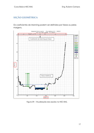 Curso Básico HEC-RAS Eng. Rubens Campos
17
SEÇÃO GEOMÉTRICA
Os coeficientes de Manning podem ser definidos por faixas ou pelas
margens.
Figura 09 – Visualização das seções no HEC-RAS.
Coeficiente de Manning por faixas
Áreas inefetivas.
 