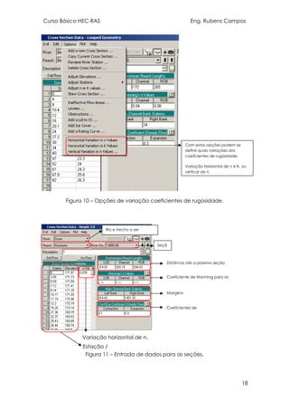 Curso Básico HEC-RAS Eng. Rubens Campos
18
Figura 10 – Opções de variação coeficientes de rugosidade.
Figura 11 – Entrada de dados para as seções.
Distância até a próxima seção
Coeficiente de Manning para as
margens
Margens
Coeficientes de
contração/expansão
Estação /
Rio e trecho a ser
modelado.
Seçã
o
Com estas opções podem se
definir quais variações dos
coeficientes de rugosidade.
Variação Horizontal de n e K, ou
vertical de n.
Variação horizontal de n.
 
