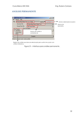 Curso Básico HEC-RAS Eng. Rubens Campos
32
ANÁLISE PERMANENTE
Figura 31 – Interface para análise permanente.
Arquivo de vazões e
condições de
Arquivo de
geometria.
Regime de análise que deve ser selecionado pelo usuário de acordo com
critérios hidráulicos.
Nome e abreviação do plano
 