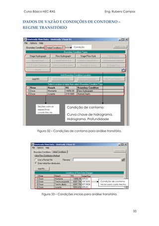 Curso Básico HEC-RAS Eng. Rubens Campos
33
DADOS DE VAZÃO E CONDIÇÕES DE CONTORNO –
REGIME TRANSITÓRIO
Figura 32 – Condições de contorno para análise transitória.
Figura 33 – Condições iniciais para análise transitória.
Condição de contorno:
Curva chave de hidrograma,
Hidrograma, Profundidade
Condição
Seções com as
respectivas
condições de
Condição de contorno
inicial para cada trecho.
 