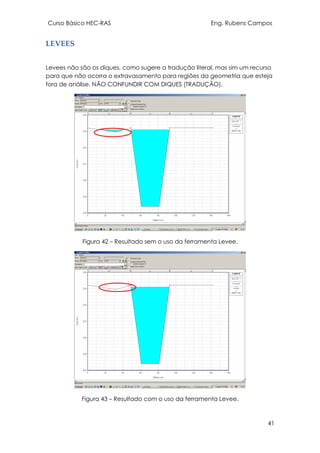 Curso Básico HEC-RAS Eng. Rubens Campos
41
LEVEES
Levees não são os diques, como sugere a tradução literal, mas sim um recurso
para que não ocorra o extravasamento para regiões da geometria que esteja
fora de análise. NÃO CONFUNDIR COM DIQUES (TRADUÇÃO).
Figura 42 – Resultado sem o uso da ferramenta Levee.
Figura 43 – Resultado com o uso da ferramenta Levee.
 