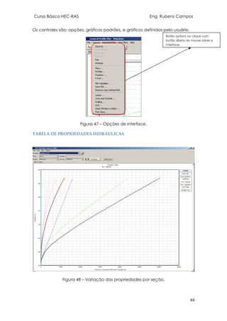 Curso Básico HEC-RAS Eng. Rubens Campos
44
Os controles são; opções, gráficos padrões, e gráficos definidos pelo usuário.
Figura 47 – Opções de interface.
TABELA DE PROPRIEDADES HIDRÁULICAS
Figura 48 – Variação das propriedades por seção.
Botão options ou clique com
botão direito do mouse sobre a
interface.
 