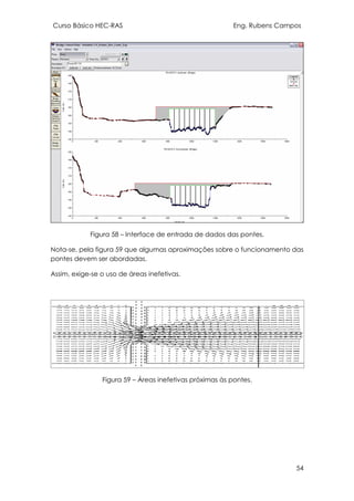 Curso Básico HEC-RAS Eng. Rubens Campos
54
Figura 58 – Interface de entrada de dados das pontes.
Nota-se, pela figura 59 que algumas aproximações sobre o funcionamento das
pontes devem ser abordadas.
Assim, exige-se o uso de áreas inefetivas.
Figura 59 – Áreas inefetivas próximas às pontes.
 