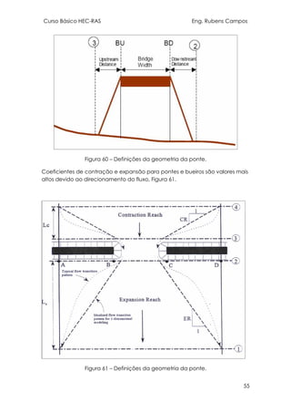 Curso Básico HEC-RAS Eng. Rubens Campos
55
Figura 60 – Definições da geometria da ponte.
Coeficientes de contração e expansão para pontes e bueiros são valores mais
altos devido ao direcionamento do fluxo, Figura 61.
Figura 61 – Definições da geometria da ponte.
 