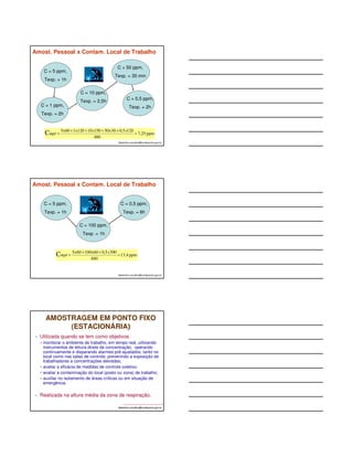 Amost. Pessoal x Contam. Local de Trabalho 
C = 5x60 + 1x120 + 10 x 150 + 50x30 + 0,5 x 
120 
= albertinho.carvalho@fundacentro.gov.br 
C = 5 ppm, 
Texp. = 1h 
C = 1 ppm, 
Texp. = 2h 
C = 10 ppm, 
Texp. = 2,5h 
C = 50 ppm, 
Texp. = 30 min 
C = 0,5 ppm, 
Texp. = 2h 
7,25 ppm 
480 
mpt 
Amost. Pessoal x Contam. Local de Trabalho 
C = = + + x 
albertinho.carvalho@fundacentro.gov.br 
C = 5 ppm, 
Texp. = 1h 
C = 100 ppm, 
Texp. = 1h 
C = 0,5 ppm, 
Texp. = 6h 
13,4 ppm 
5x60 100x60 0,5 300 
480 
mpt 
AMOSTRAGEM EM PONTO FIXO 
(ESTACIONÁRIA) 
• Utilizada quando se tem como objetivos: 
monitorar o ambiente de trabalho, em tempo real, utilizando 
instrumentos de leitura direta da concentração, operando 
continuamente e disparando alarmes pré-ajustados, tanto no 
local como nas salas de controle, prevenindo a exposição de 
trabalhadores a concentrações elevadas; 
avaliar a eficácia de medidas de controle coletivo; 
avaliar a contaminação do local (posto ou zona) de trabalho; 
auxiliar no isolamento de áreas críticas ou em situação de 
emergência. 
• Realizada na altura média da zona de respiração. 
albertinho.carvalho@fundacentro.gov.br 
 