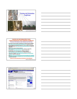 Fontes de Emissões 
Fugitivas 
albertinho.carvalho@fundacentro.gov.br 
FONTES DE INFORMAÇÕES PARA 
CARACTERIZAÇÃO DOS AGENTES QUÍMICOS 
Fichas de Informações sobre Substâncias Químicas 
 International Chemical Safety Cards(ICSC)(U.S. National Version by NIOSH): 
http://www.cdc.gov/niosh/ipcsneng/nengnameA.html. Acesso Julho 2014. 
 Documentation for Immediately Dangerous To Life or Health Concentrations 
(IDLHs)(NIOSH/EUA): http://www.cdc.gov/niosh/idlh/intridl4.html. Acesso em 
Julho 2014. 
 NIOSH Pocket Guide to Chemical Hazards: 
http://www.cdc.gov/niosh/npg/npgsyn-a.html. Acesso em Julho 2014. 
 IPCS-INCHEM: http://www.inchem.org/. Acesso em Julho 2014. 
 ATSDR (Agency for Toxic Substances and Disease Registry): 
http://www.atsdr.cdc.gov/toxfaqs/index.asp. Acesso em Julho 2014. 
 Segurança e Trabalho: http://www.segurancaetrabalho.com.br/bancos-de-dados. 
albertinho.carvalho@fundacentro.gov.br 
php. Acesso em Julho 2014. 
 INSHT:http://www.insht.es/portal/site/Insht/menuitem.a82abc159115c8090128 
ca10060961ca/?vgnextoid=4458908b51593110VgnVCM100000dc0ca8c0RCRD. 
Acesso em Julho 2014. 
Cuidado com fichas elaboradas por empresas ou muito defasadas!! 
albertinho.carvalho@fundacentro.gov.br 
 