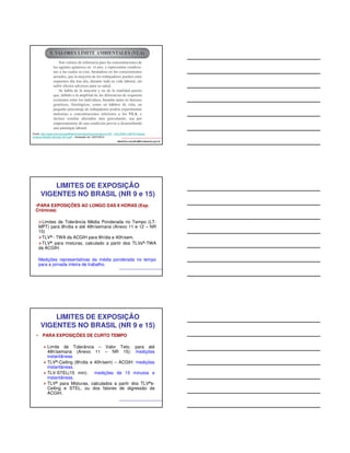 Fonte: http://www.insht.es/InshtWeb/Contenidos/Documentacion/LEP _VALORES LIMITE/Valores 
limite/Limites2013/limites 2013.pdf – Acessado em 16/07/2014. 
albertinho.carvalho@fundacentro.gov.br 
LIMITES DE EXPOSIÇÃO 
VIGENTES NO BRASIL (NR 9 e 15) 
•PARA EXPOSIÇÕES AO LONGO DAS 8 HORAS (Exp. 
Crônicas) 
Limites de Tolerância Média Ponderada no Tempo (LT-MPT) 
para 8h/dia e até 48h/semana (Anexo 11 e 12 – NR 
15) 
TLV® - TWA da ACGIH para 8h/dia e 40h/sem. 
TLV® para misturas, calculado a partir dos TLVs®-TWA 
da ACGIH. 
Medições representativas da média ponderada no tempo 
para a jornada inteira de trabalho. 
LIMITES DE EXPOSIÇÃO 
VIGENTES NO BRASIL (NR 9 e 15) 
• PARA EXPOSIÇÕES DE CURTO TEMPO 
Limite de Tolerância – Valor Teto, para até 
48h/semana (Anexo 11 – NR 15): medições 
instantâneas 
TLV®-Ceiling (8h/dia e 40h/sem) – ACGIH: medições 
instantâneas. 
TLV-STEL(15 min): medições de 15 minutos e 
instantâneas. 
TLV® para Misturas, calculados a partir dos TLV®s- 
Ceiling e STEL, ou dos fatores de digressão da 
ACGIH. 
 
