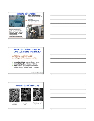 EMISSÃO DE VAPORES 
Resina contendo estireno 
como solvente e peróxido de 
metil etil cetona, como 
catalisador 
Vapores de estireno e de 
peróxido de metil etil cetona 
são emitidos para o ambiente 
de trabalho 
albertinho.carvalho@fundacentro.gov.br 
Emissão de vapores a 
partir de um misturador 
contendo asfalto quente, 
água e xilenos. EPC mal 
dimensionado – 
trabalhadores expostos 
AGENTES QUÍMICOS NO AR 
DOS LOCAIS DE TRABALHO 
•MATERIAL PARTICULADO 
(aerodispersóides ou aerossóis): 
Partículas sólidas: poeiras, fibras e fumos 
Partículas líquidas: névoas e neblinas 
Misto: fumaça de queima incompleta de 
matéria orgânica (fumos, gases e vapores) 
albertinho.carvalho@fundacentro.gov.br 
FORMAS DAS PARTÍCULAS 
albertinho.carvalho@fundacentro.gov.br 
Resíduos de 
mineração 
Pb em flocos de 
tinta 
Partículas de carvão 
de queima de óleo 
 