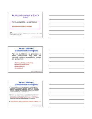 MODELO DE BRIEF  SCALA 
albertinho.carvalho@fundacentro.gov.br 
(1975) 
 PARA JORNADAS  8 HORAS/DIA 
LEO reduzido = FR X LEO (8 horas) 
Fonte: 
Patty’s Industrial Hygiene and Toxicology. Models for Adjusting Occupational Exposure Limits. Vol: 3A, Ch: 
07-247. John Wiley  Sons, Inc. 1998. 
NR 15 - ANEXO 13 
(Substâncias Cancerígenas) 
Para as substâncias ou processos as 
seguir relacionados, não deve ser 
permitida nenhuma exposição ou contato, 
por qualquer via: 
- 4-amino difenil (p-xenilamina); 
- Produção de Benzidina 
- Betanaftilamina; 
- 4-nitrodifenil, 
albertinho.carvalho@fundacentro.gov.br 
NR 15 - ANEXO 13 
(Substâncias Cancerígenas) 
“Entende-se por nenhuma exposição ou contato significa 
hermetizar o processo ou operação, através dos melhores 
métodos praticáveis de engenharia, sendo que o trabalhador 
deve ser protegido adequadamente de modo a não permitir 
nenhum contato com o carcinogênico”. 
“Sempre que os processos ou operações que envolvem as 4 
(quatro) substâncias citadas não forem hermetizados, será 
considerada como situação de risco grave e iminente para o 
trabalhador, além de insalubridade de grau máximo”. 
“Para o Benzeno deve ser observado o disposto no anexo 13-A”. 
albertinho.carvalho@fundacentro.gov.br 
 