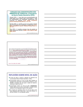 albertinho.carvalho@fundacentro.gov.br 
GSD = desvio padrão geométrico 
Risco aceitável 
NA = 0,1 LEO 
Fonte: NIOSH: Occupational Exposure Sampling Strategy Manual, p. 120, 1977 
VARIAÇÃO DAS CONCENTRAÇÕES DURANTE UM ANO EM SUPOSTA SITUAÇÃO NORMAL (TÍPICA) 
albertinho.carvalho@fundacentro.gov.br 
12 
60 
24 
5 
9 
1 
23 
120 
55 
40 
10 11 
19 
3 
6 
33 
37 
77 
66 
22 
9 8 
2 1 
10 
7 6 
15 
25 
130 
25 
14 
140 
135 
130 
125 
120 
115 
110 
105 
100 
95 
90 
85 
80 
75 
70 
65 
60 
55 
50 
45 
40 
35 
30 
25 
20 
15 
10 
5 
0 
10 20 30 40 50 60 70 80 90 100 110 120 130 140 150 160 170 180 180 200 210 220 230 240 250 260 270 280 290 300 310 320 
Dias do ano 
Conc (ppm) 
Grande Variação na Jornada 
MA = 27,7 ppm; DPG=3,4ppm 
VARIAÇÃO DAS CONCENTRAÇÕES DURANTE UM ANO EM SUPOSTA SITUAÇÃO NORMAL (TÍPICA) 
albertinho.carvalho@fundacentro.gov.br 
25 
30 
24 
20 21 
28 
23 24 
35 
29 
24 
26 27 
33 
31 
33 
23 24 
35 
31 
29 
26 
29 
32 
28 
24 
20 
25 
34 
29 
38 
25 
50 
47,5 
45 
42,5 
40 
37,5 
35 
32,5 
30 
27,5 
25 
22,5 
20 
17,5 
15 
12,5 
10 
7,5 
5 
2,5 
0 
10 20 30 40 50 60 70 80 90 100 110 120 130 140 150 160 170 180 180 200 210 220 230 240 250 260 270 280 290 300 310 320 
Dias do ano 
Conc (ppm) 
Pequena Variação na Jornada 
MA = 27,7 ppm; DPG = 1,2 ppm 
 