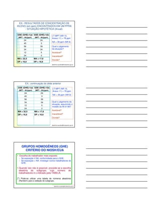 albertinho.carvalho@albertinho.carvalho@fufunnddaacceenntrtoro.g.goovv.b.br r 
CONSIDERAÇÕES PARA O JULGAMENTO 
albertinho.carvalho@fundacentro.gov.br 
Se LSC £ VR LSC/VR £ 1 . 
Pode-se afirmar, com 95% de confiança, que a concentração 
média verdadeira está abaixo do VR. 
Se LIC  VR LIC/VR  1 . 
Pode-se afirmar, com 95% de confiança, que a concentração 
média verdadeira está acima do VR. 
Se LSC VR e LIC  VR 
SITUAÇÃO DE INDECISÃO. Deve-se aumentar o número 
de coletas para restringir a região de indecisão. 
DISTRIBUIÇÃO LOG-NORMAL 
Quando os logaritmos dos valores individuais 
seguem uma distribuição NORMAL. 
Nestes casos, a distribuição dos valores normais em 
relação à média aritmética não é simétrica. 
É definida pela MEDIANA, que é a própria MÉDIA 
GEOMÉTRICA e pelo DESVIO PADRÃO 
GEOMÉTRICO. 
albertinho.carvalho@fundacentro.gov.br 
 