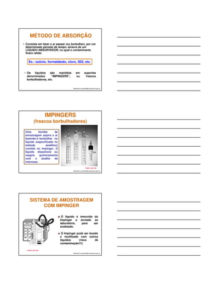 COLETA ATIVA DE GASES E 
VAPORES EM SACOS (“Bags”) 
 Nestes casos pode-se utilizar bolsas plásticas 
especialmente fabricados para estas 
finalidades. 
 Na fabricação, são utilizados materiais inertes 
como teflon, polietileno, etc. 
albertinho.carvalho@fundacentro.gov.br 
Sistema de Coleta com 
Sacos (Bags) 
albertinho.carvalho@fundacentro.gov.br 
BOMBAS DE AMOSTRAGEM ACOPLADAS A 
SACOS (“BAG”) DE COLETA DE TEDLAR 
FONTE: SKC INC. 
APÓS A COLETA 
• Bags contendo amostras de ar podem ser analisados 
em campo utilizando instrumentos de leitura direta 
(ex.: tubos colorimétricos). 
• Os Bags podem ser transportados para o laboratório 
onde uma alíquota da amostra de ar pode ser 
analisada por cromatografia à gás ou outra técnica. 
albertinho.carvalho@fundacentro.gov.br 
 