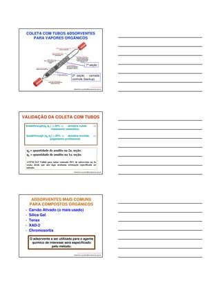 MÉTODO DE ABSORÇÃO 
• Consiste em fazer o ar passar (ou borbulhar), por um 
determinado período de tempo, através de um 
LÍQUIDO ABSORVEDOR, no qual o contaminante 
ficará retido. 
Ex.: ozônio, formaldeído, cloro, S02, etc. 
• Os líquidos são mantidos em suportes 
denominados “IMPINGERS”, ou frascos 
borbulhadores, etc. 
albertinho.carvalho@fundacentro.gov.br 
IMPINGERS 
(frascos borbulhadores) 
albertinho.carvalho@fundacentro.gov.br 
Uma bomba de 
amostragem aspira o ar 
fazendo-o borbulhar no 
líquido (especificado no 
método analítico) 
contido no impinger. O 
líquido dissolverá ou 
reagirá quimicamente 
com o analito de 
interesse. 
FONTE: SKC INC 
SISTEMA DE AMOSTRAGEM 
COM IMPINGER 
albertinho.carvalho@fundacentro.gov.br 
FONTE: SKC INC 
O líquido é removido do 
Impinger e enviado ao 
laboratório, para ser 
analisado. 
O Impinger pode ser lavado 
e reutilizado com outros 
líquidos (risco de 
contaminação!!!). 
 
