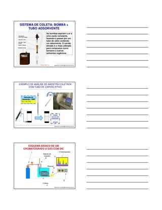 COLETA COM TUBOS ADSORVENTES 
PARA VAPORES ORGÂNICOS 
1ª seção 
2ª seção - camada 
controle (backup) 
albertinho.carvalho@fundacentro.gov.br 
VALIDAÇÃO DA COLETA COM TUBOS 
breakthrough(q2/q1) £ 25%  amostra válida  
tratamento estatístico 
breakthrough (q2/q1)  25%  amostra inválida  
julgamento profissional 
q2 = quantidade de analito na 2a. seção. 
q1 = quantidade de analito na 1a. seção. 
ATENÇÃO! Válido para tubos contendo 50% de adsorvente na 2a 
seção, desde que não haja nenhuma orientação especificada no 
método. 
albertinho.carvalho@fundacentro.gov.br 
ADSORVENTES MAIS COMUNS 
PARA COMPOSTOS ORGÂNICOS 
• Carvão Ativado (o mais usado) 
• Sílica Gel 
• Tenax 
• XAD-2 
• Chromosorbs 
O adsorvente a ser utilizado para o agente 
químico de interesse será especificado 
albertinho.carvalho@fundacentro.gov.br 
pelo método. 
 