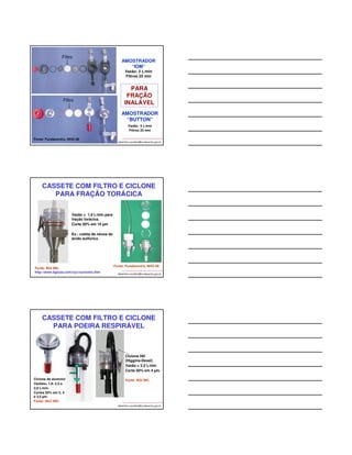 FRAÇÕES INALÁVEL, 
TORÁCICA E RESPIRÁVEL 
• São coletadas da mesma forma, 
utilizando-se uma bomba e um filtro de 
tipo e tamanho de poro apropriado para 
o MP que está sendo coletado. 
• Antes do filtro, conecta-se um 
dispositivo seletor de tamanho de 
partícula, que irá separar a fração 
desejável de partículas a ser retida no 
filtro. 
albertinho.carvalho@fundacentro.gov.br 
AMOSTRADOR IOM® - Fração Inalável 
Garra para fixar na zona respiratória do 
trabalhador (lapela) 
•Para Fração Inalável (ex.: 
PNOS/ACGIH, óleo mineral, 
níquel, poeira de madeira, 
berílio, fumos de asfalto, etc. 
•Corte em 100 μm (50%) 
•Vazão = 2 L/min 
Conecta na bomba de amostragem de ar 
albertinho.carvalho@fundacentro.gov.br 
albertinho.carvalho@fundacentro.gov.br 
IOM 
GSP Cassette 37-mm 
PARA POEIRA 
TOTAL 
PARA FRAÇÃO 
INALÁVEL 
BUTTON 
IOM 
 