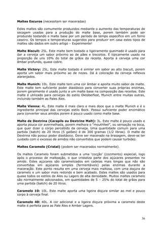 36 
Maltes Escuros (necessitam ser maceradas) 
Estes maltes são comumente produzidos mediante o aumento das temperaturas de 
secagem usadas para a produção do malte base, porem também pode ser 
produzido tostando o malte base por um período de tempo específico em um forno 
caseiro. Os tempos e temperaturas sugeridos para produzir em casa estes tipos de 
maltes são dados em outro artigo – Experimente! 
Malte Biscuit: 25L. Este malte bem tostado e ligeiramente queimado é usado para 
dar a cerveja um sabor próximo ao de pães e biscoitos. É tipicamente usado na 
proporção de uns 10% do total de grãos da receita. Aporta à cerveja uma cor 
âmbar profundo, quase cobre. 
Malte Victory: 25L. Este malte tostado é similar em sabor ao alto biscuit, porem 
aporta um sabor mais próximo ao de nozes. Dá à coloração da cerveja reflexos 
alaranjados. 
Malte Munich: 10L. Este malte tem uma cor âmbar e aporta muito sabor de malte. 
Este malte tem suficiente poder diastásico para converter suas próprias enzimas, 
porem geralmente é usado junto a um malte base na composição das receitas. Este 
malte é utilizado para cervejas do estilo Oktoberfest, Munich entre muitas outras, 
incluindo também as Pales Ales. 
Malte Vienna: 4L. Este malte é mais claro e mais doce que o malte Munich e é o 
ingrediente principal das cervejas estilo Bock. Possui suficiente poder enzimático 
para converter seus amidos porem é pouco usado como malte base. 
Malte de Dextrina (Carapils ou Dextrine Malt): 3L. Este malte é pouco usado e 
aporta pouca cor avermelhada, porem melhora o “mouthfeel”, ou sensação na boca, 
que quer dizer o corpo percebido da cerveja. Uma quantidade comum para uma 
partida (batch) de 20 litros (5 galões) é de 300 gramas (1/2 libras). O malte de 
Dextrina não possui poder diastásico. Deve ser macerado na brasagem, deve-se ter 
cuidado com o excesso de amidos não convertidos que podem causar turbidez. 
Maltes Caramelo (Cristal) (podem ser macerados normalmente). 
Os maltes Caramelo foram submetidos a uma ‘cocção’ (cozimento) especial, logo 
após o processo de malteação, o que cristaliza parte dos açúcares presentes no 
amido. Estes açúcares são caramelizados em cadeias mais longas que não são 
convertidas em açúcares simples (fermentáveis) pelas enzimas durante a 
maceração. Este ponto resulta em uma cerveja mais maltosa, com uma doçura de 
caramelo e um sabor mais redondo e bem acabado. Estes maltes são usados para 
quase todos os estilos de Ales ou Lagers de alta densidade. Muitos maltes caramelo 
são normalmente adicionados, em quantidades de 5 – 25% do total de grãos para 
uma partida (batch) de 20 litros. 
Caramelo 10: 10L. Este malte aporta uma ligeira doçura similar ao mel e pouco 
corpo à cerveja final. 
Caramelo 40: 40L. A cor adicional e a ligeira doçura próxima a caramelo deste 
malte é perfeita para as Pale Ales e Amber Lagers. 
 