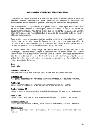 40 
COMO FAZER MALTES ESPECIAIS EM CASA 
O objetivo de tostar os grãos é a liberação de distintas gamas de cor e perfis de 
sabores, ambos determinados pela formação de compostos derivados do 
aquecimento dos açúcares dos grãos na presença de compostos nitrogenados. 
Em contrapartida, o aquecimento dos grãos produz a inativação das enzimas que 
atuam durante a maceração (brasagem) para converter as moléculas de amido em 
açúcares fermentáveis. Para tanto, temos que ter em conta que quando se utilizam 
altas porcentagens de maltes tostadas, o processo de maceração pode ser maior o 
até mesmo incompleto. 
Para produzir uma amplia variedade de maltes tostados, é possível utilizar o malte 
pilsen, que se adquire mais facilmente e tem um preço mais acessível. O 
procedimento é muito sensível (SIC) e consiste em tostar o malte pilsen em um 
forno a temperatura conhecida durante um tempo definido. 
A seguir temos uma especificação de temperaturas em função do tempo de 
torrefação. Seguindo estes tempos e temperaturas se podem obter uma grande 
variedade de maltes tostados de distintas cores e sabores. A unidade de medida de 
cor de um grão tida em graus Lovivond (L) e o valor aumenta a medida que os 
grãos de malte foram submetidos a maiores temperaturas de torrefação durante 
maior quantidade de tempo. 
Cor; 
Descrição: 
Dourado pálido 10 
No possui sabor tostado. Enzimas ainda ativas. Cor amarelo - dourado. 
Dourado 20 
Não possui sabor tostado. Atividade enzimática limitada. Cor dourada brilhante. 
Âmbar 35 
Sabor levemente tostado. Enzimas praticamente inativas. Cor laranja. 
Âmbar escuro 65 
Sabor tostado pronunciado. Sem atividade enzimática. Cor vermelha – cobreado. 
Cobre 100 
Sabor tostado muito forte. Sem atividade enzimática. Cor cobre - rubi escuro. 
Cobre Escuro 125 
Sabor a queimado (não tostado). Sem atividade enzimática. Cor rubi - marrom. 
Marrom 175 
Sabor a queimado muito pronunciado. Sem atividade enzimática. Cor rubi - 
marrom. 
 