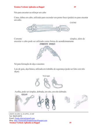 TécnicasVerticaisAplicadas ao Rappel 19
Nós para encurtar ou reforçar um cabo
Catau, dobra em cabo, utilizado para esconder um ponto fraco (puído) ou para encurtar
umcabo.
CATAU
Corrente simples, além de
encurtar o cabo pode ser utilizado como forma de acondicionamento.
Nó paraformação dealçaeassentos:
Lais de guia, alça básica, utilizada em trabalho de segurança (pode ser feito com três
alças).
Nó de resgate
Azelha, pode ser simples, dobrada, em oito, em oito dobrado.
LIMITERADICALRAPPELJUMP
Tel: 98439-8078
Email: Frank.ciência@gmail.com
Blog:-http://limiteradicalrappeljump.blogspot.com
TécnicasVerticaisAplicadas ao Rappel 19
 