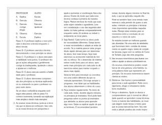 125
PROFESSOR ALUNO
A. Explica Escuta
B. Executa Observa
C. Executa Executa
corrige ajusta-se
elogia
D. Observa Executa
E. Escuta Explica
Passo A: O professor explica o novo prin-
cípio e descreve a técnica enquanto o
aluno escuta.
Passo B: O professor executa a técnica,
demonstrando o novo princípio ao aluno.
Passo C: O professor e o aluno executam
a habilidade nova juntos. O professor elo-
gia as ações adequadas e gentilmente
corrige as inadequadas, ajudando o aluno
a ajustar-se e melhorar.
Passo D: O aluno executa sozinho a habili-
dade para o professor.
Passo E: O aluno demonstra compreen-
são dos princípios ou técnicas explicando-
os ou ensinando-os para o professor ou
para outro aluno.
Se um aluno confundir-se enquanto você
segue estes passos, volte ao passo A e
comece novamente, tornando sua explicação
mais simples e dando mais exemplos.
2. Ao ensinar novas técnicas, junte-as a técni-
cas que os alunos já conheçam. Isso colo-
ca as novas técnicas em perspectiva e
ajuda a aumentar a coordenação física dos
alunos. Ensine de modo que cada nova
técnica conduza à próxima de maneira
lógica. Misture técnicas de modo que suas
aulas sejam variadas e agradáveis. Leve
em consideração o uso das seguintes ativi-
dades: (a) bater palmas compassadamente
enquanto canta; (b) acelerar ou reduzir o
andamento ao tocar piano.
3. Seja flexível. Cada turma ou aluno pode
ter necessidades diferentes. Esteja atento
a essas necessidades e adapte as aulas de
acordo. Se a matéria parecer estar progre-
dindo rápido demais para um determina-
do aluno, leve mais tempo, faça mais
exercícios ou acrescente material de revi-
são ou reforço. Se o desenrolar da matéria
estiver muito lento para um aluno, apre-
sente mais princípios em cada aula ou dê
exercícios extras para manter ocupado o
aluno mais rápido.
Sinta-se livre para introduzir os conceitos
em uma ordem diferente da que os
manuais apresentam. Encoraje sempre o
progresso, mas deixe que as habilidades
dos alunos determinem o ritmo do curso.
4. Faça revisões regularmente. No início de
cada aula, revise, durante alguns minutos,
os princípios já ensinados. Você pode fazer
perguntas sobre os pontos já ensinados
que alertarão os alunos para aprender
algo novo. Deixe-os explicar aquilo de que
se lembram. É recomendável também
revisar, durante alguns minutos no final da
aula, o que se aprendeu naquele dia.
Pode-se também fazer uma revisão mais
extensa a cada período de quatro a seis
aulas, cobrindo os princípios e técnicas
mais importantes aprendidas naquelas
aulas. Planeje estas revisões para os
momentos entre a conclusão de um
assunto e o início de outro.
As revisões tornam-se melhores quando
são divertidas. Há uma série de atividades
que funcionam bem: corridas de revesa-
mento ao quadro-negro, testes de comple-
tar lacunas, jogos com os cartões do Curso
de Teclado, jogo das vinte perguntas.
5. Use recursos mnemônicos para ilustrar con-
ceitos e ajudar os alunos a lembrarem-se.
Os recursos mnemônicos podem consti-
tuir-se de uma gravura, uma história, ou
uma palavra-chave que represente um
princípio. Os recursos mnemônicos trazem
clareza ao ensino.
6. Divirta-se. Use humor e personalidade
para tornar a aula agradável. Muito enco-
rajamento, elogio e entusiasmo darão
bons resultados.
7. Vença o desânimo. Ajude os alunos a
compreenderem que é normal ter dificul-
dade quando se aprendem novas técnicas.
Como a maioria das habilidades, as musi-
cais exigem muito tempo e treino para
que se possa executá-las bem. Seu estí-
mulo e atitude positiva são muito impor-
 