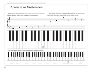 Faça um sinal de sustenido ( # ) antes de cada uma das notas seguintes.
A seguir, faça uma linha de cada nota à tecla correspondente.
Nas linhas abaixo, escreva o nome dos sustenidos marcados com um ፬.
Após fazer as linhas para as teclas, localize cada uma das notas em seu
instrumento de teclado. Diga o nome de cada nota ao tocá-la.
Aprenda os Sustenidos
■ ■ ■ ■ ■ ■ ■ ■
■
■ ■
Mi
#
64
& œ œ
œ
œ
œ œ
? #œ œ œ œ œ œ
ß
Í
DóCentral
Sol
#
 