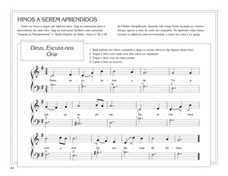 84
HINOS A SEREM APRENDIDOS
Treine os hinos a seguir até sabê-los bem. Siga as instruções para o
aprendizado de cada hino. Siga as instruções também para aprender
“Guarda os Mandamentos” e “Santo Espírito de Deus”, hinos nº 82 e 65
do Hinário Simplificado. Quando três notas forem tocadas ao mesmo
tempo, ignore a nota do meio por enquanto. Ao aprender estes hinos,
comece a utilizá-los para acompanhar o canto em casa e na igreja.
&
# 3
4 ˙ œ œ œ œ ˙ œ ˙ . ˙ œ
Deus, es - cu - ta - nos o - rar, Tu - a
?
# 3
4
˙ . ˙ . ˙ . ˙ . ˙ .
1
1 2 2*1
3
*4
&
#
œ œ œ ˙ œ œ ˙ .
˙ œ œ œ œ
gra - ça su - pli - car, De to - mar - mos
?
# ˙ . # ˙ . ˙ .
˙ . ˙ .
1
*1
*2
3
4
4
&
#
˙ œ œ ˙ . œ œ œ œ
œ œ ˙ œ ˙ .
com a - mor Os em - ble - mas do Se - nhor.
?
# ˙ . ˙ . # ˙ . ˙ . ˙ . ˙ .124
*4
5
*5
ß
Í
ß
Í
ß
Í
1. Bata palmas em ritmo constante e diga os nomes rítmicos das figuras deste hino.
2. Toque o hino com cada uma das mãos em separado.
3. Toque o hino com as mãos juntas.
4. Cante o hino ao tocá-lo.
Deus, Escuta-nos
Orar
 