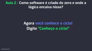 Agora você conhece o ciclo!
Digite “Conheço o ciclo!”
Aula 2 - Como software é criado do zero e onde a
lógica encaixa nisso?
devaprender.com
 