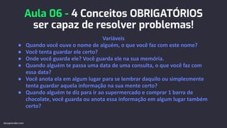 Aula 06 - 4 Conceitos OBRIGATÓRIOS
ser capaz de resolver problemas!
Variáveis
● Quando você ouve o nome de alguém, o que você faz com este nome?
● Você tenta guardar ele certo?
● Onde você guarda ele? Você guarda ele na sua memória.
● Quando alguém te passa uma data de uma consulta, o que você faz com
essa data?
● Você anota ela em algum lugar para se lembrar daquilo ou simplesmente
tenta guardar aquela informação na sua mente certo?
● Quando alguém te diz para ir ao supermercado e comprar 1 barra de
chocolate, você guarda ou anota essa informação em algum lugar também
certo?
devaprender.com
 