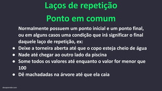 Laços de repetição
Ponto em comum
Normalmente possuem um ponto inicial e um ponto final,
ou em alguns casos uma condição que irá significar o final
daquele laço de repetição, ex:
● Deixe a torneira aberta até que o copo esteja cheio de água
● Nade até chegar ao outro lado da piscina
● Some todos os valores até enquanto o valor for menor que
100
● Dê machadadas na árvore até que ela caia
devaprender.com
 