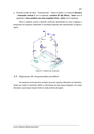 Curso Software QiHidrossanitário
207
♦ Clicando ao lado do texto “Componentes” Clique no botão (+) e adicione Chuveiro
- misturador vertical 2 com 1 repetição, Lavatório AF AQ (60cm) - baixo com 2
repetições e Vaso sanitário com caixa acoplada (15cm) - baixo com 1 repetição.
Feche o cadastro, acesse o desenho conforme apresentado no curso e aplique o
lançamento do esquema cadastrado. O resultado esperado está representado na figura a
seguir.
Figura 16 – Cadastro de composição
3.3 Esquemas de lançamentos sanitário
Os esquemas de lançamento sanitário possuem aspectos diferentes do hidráulico,
sendo que nestes é necessário definir a informação de quais peças despejam nas caixas
sifonadas e quais peças lançam direto na rede primaria de esgoto.
 