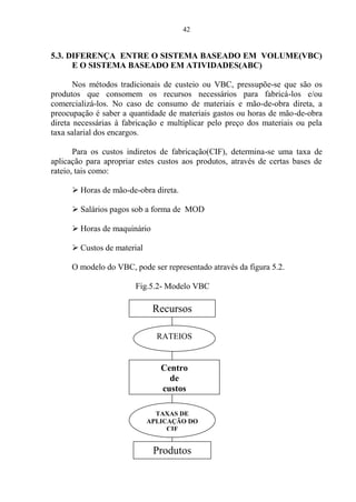 42
5.3. DIFERENÇA ENTRE O SISTEMA BASEADO EM VOLUME(VBC)
E O SISTEMA BASEADO EM ATIVIDADES(ABC)
Nos métodos tradicionais de custeio ou VBC, pressupõe-se que são os
produtos que consomem os recursos necessários para fabricá-los e/ou
comercializá-los. No caso de consumo de materiais e mão-de-obra direta, a
preocupação é saber a quantidade de materiais gastos ou horas de mão-de-obra
direta necessárias à fabricação e multiplicar pelo preço dos materiais ou pela
taxa salarial dos encargos.
Para os custos indiretos de fabricação(CIF), determina-se uma taxa de
aplicação para apropriar estes custos aos produtos, através de certas bases de
rateio, tais como:
 Horas de mão-de-obra direta.
 Salários pagos sob a forma de MOD
 Horas de maquinário
 Custos de material
O modelo do VBC, pode ser representado através da figura 5.2.
Fig.5.2- Modelo VBC
Recursos
RATEIOS
Centro
de
custos
TAXAS DE
APLICAÇÃO DO
CIF
Produtos
 