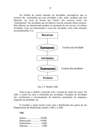 43
No método de custeio baseado em atividades, pressupõe-se que os
recursos são consumidos por suas atividades e não pelos produtos que eles
fabricam. Ao invés de termos um “rateio” dos recursos, temos um
“rastreamento” das atividades que irá indicar a rota de consumo destes recursos.
Para fabricar um determinado produto ou prestação de um serviço, irá utilizar
atividades. Uma vez determinado o custo das atividades, estes serão alocados
aos produtos(fig. 5.3).
Fig. 5.3- Modelo ABC
Nota-se que o modelo é parecido com o sistema de centro de custos. No
ABC, o centro de custo é substituído por atividades. Exemplos de atividades
são: recebimento e movimentação de materiais, preparação de máquinas,
inspeções de qualidade, etc.
O exemplo a seguir mostra como seria a distribuição dos gastos de um
Departamento de Manutenção usando o VBC e o ABC.
VBC
Salário......................... 50.000
Depreciação................ 10.000
Suprimentos................ 6.000
Impostos..................... 3.000
Recursos
Atividades
Produtos
Custeio da atividade
Custeio dos produtos
 