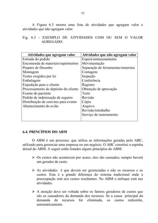 53
A Figura 6.3 mostra uma lista de atividades que agregam valor e
atividades que não agregam valor.
Fig. 6.3 - EXEMPLO DE ATIVIDADES COM OU SEM O VALOR
AGREGADO.
Atividades que agregam valor Atividades que não agregam valor
Entrada do pedido Espera/armazenamento
Encomenda de materiais/suprimentos Movimentação
Preparo de Desenho Separação de ferramentas/materiais
Montagem Contagem
Testes exigidos por lei Inspeção
Embalagem Conferência
Expedição para o cliente Registro
Processamento de depósito do cliente Obtenção de aprovação
Exame do paciente Teste
Pedido de indenização de seguros Revisão
Distribuição de convites para evento Cópia
Abastecimento do avião Arquivo
Revisão/retrabalho
Serviço de rastreamento
6.4. PRINCÍPIOS DO ABM
O ABM é um processo, que utiliza as informações geradas pelo ABC,
utilizado para gerenciar uma empresa ou um negócio. O ABC constitui a espinha
dorsal do ABM. A seguir estão listados alguns princípios do ABM.
 Os custos não acontecem por acaso, eles são causados; sempre haverá
um gerador de custo.
 As atividades é que devem ser gerenciadas e não os recursos e os
custos. Esta é a grande diferença do sistema tradicional onde a
preocupação está nos custos resultantes. No ABM o enfoque está nas
atividades.
 A atenção deve ser voltada sobre os fatores geradores de custos que
são os causadores da demanda dos recursos. Se a causa principal da
demanda de recursos for eliminada, os custos reduzirão,
automaticamente.
 