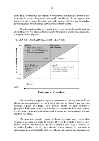 57
custo deve ser repassado aos clientes. Normalmente, a maioria das empresas não
tem idéia de quanto elas gastam para atender aos clientes. Se as empresas não
conhecem estes custos, terminam onerando aqueles clientes que demandam
poucos recursos e beneficiando outros que solicitam bastante.
Uma forma de analisar os clientes, é através da matriz de rentabilidade do
cliente(Fig.6.4). Nas abcissas temos o custo para servir o cliente e nas ordenadas
a margem líquida realizada.
FIGURA 6.4 - LUCRATIVIDADE DOS CLIENTES
Baixa
Alta
Custo para servir ao cliente
Na extremidade superior esquerda encontramos o ciente passivo. É um
cliente que demanda pouco serviço e este é essencial ao cliente e, por isso, está
disposto a pagar alto preço. Estes clientes devem ser bem cuidados e
protegidos. Podem ser vulneráveis a ataques da concorrência. Para estes clientes,
a empresa deve estar disposta a oferecer descontos e serviços especiais, a fim de
manter a fidelidade.
Na outra extremidade, temos o cliente agressivo, que compra altos
volumes e alavanca seu poder de compra. O preço do produto é baixo e exige
muitos recursos personalizados. O que a empresa deve fazer é otimizar as
atividades ligadas a servir esses clientes. Outro recurso é aumentar o
relacionamento e comunicação com esses clientes de maneira que seja reduzido
Sensível ao preço,
Mas com poucas
Exigências
especiais
Serviço caro,
Mas preço alto
Passivo
O produto é essencial
Boa correspondência com o
Fornecedor do produto
Agressivo
Alavancar seu poder de compra
Preço baixo e muitos
recursos personalizados
Margemlíquidarealizada
Alta
Baixa
Lucros Prejuízos
 
