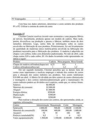 Nº Empregados 10 5 15 25
Com base nos dados anteriores, determinar o custo unitário dos produtos
P1 e P2. Utilizar o sistema de centro de custo.
Exercício 17
Cleomar Ceneiro resolveu investir suas economias e uma pequena fábrica
de móveis. Inicialmente, produzia apenas um modelo de cadeira. Mais tarde,
porém, diversificou sua produção e passou a fabricar, também mesas de dois
tamanhos diferentes. Logo, sentiu falta de informações sobre os custos
envolvidos na fabricação de seus produtos. Primeiramente, fez um levantamento
da quantidade de madeira(a única matéria-prima envolvida na fabricação dos
produtos) necessária para a fabricação dos produtos. A madeira é adquirida em
chapas e em caibros, todos com dimensões padronizadas. No mês de abril, cada
chapa custou $10 e cada caibro, $5. Os dados levantados estão apresentados na
tabela a seguir:
Produto Cadeira Mesa pequena Mesa Grande
Chapas de madeira utilizadas(chapas/un) 0,25 0,5 1
Caibros utilizados(caibros/un) 1 1,2 1,2
Em um segundo momento, Cleomar percebeu que os demais itens de
custos eram importantes e resolveu empregar o método dos centros de custos
para a alocação dos custos indiretos aos produtos. Tais custos totalizaram
$10.000 em abril. A fábrica foi dividida em dois centros de custos diretos(corte
e montagem) e dois centros indiretos(administração geral e manutenção). Os
custos indiretos podem ser divididos em 6 espécies, sendo que, os valores foram:
Salários: $6.000,00
Materiais de consumo: $2.000,00
Aluguel: $1.000.00
Energia elétrica: $500,00
Depreciação: $300,00
Diversos: $200,00
Para realizar a alocação dos custos aos centros, são apresentadas, ainda, as
seguintes informações:
Centro Administração Manutenção Corte Montagem
Salários($) 2.000,00 500,00 1.400,00 2.100,00
Materiais de consumo($) 100,00 400,00 500,00 1.000,00
Área(m²) 70 30 100 300
Potência instalada(KW) 0,5 1 6 0,5
Valor equipamentos($) 1.500,00 1.500,00 6.000,00 1.000,00
 