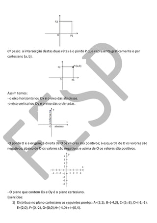 6º passo: a intersecção destas duas retas é o ponto P que representa graficamente o par cartesiano (a, b). 
Assim temos: 
- o eixo horizontal ou Ox é o eixo das abscissas. 
-o eixo vertical ou Oy é o eixo das ordenadas. 
-O ponto O é a origem; à direita de O os valores são positivos; à esquerda de O os valores são negativos; abaixo de O os valores são negativos e acima de O os valores são positivos. 
- O plano que contem Ox e Oy é o plano cartesiano. 
Exercícios: 
1) Distribua no plano cartesiano os seguintes pontos: A=(3,1), B=(-4,2), C=(5,-3), D=(-1,-1), E=(2,0), F=(0,-2), G=(0,0),H=(-4,0) e I=(0,4).  