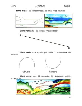 ARTE APOSTILA 1 CEESVO
12
Linha mista – é a linha composta de linhas retas e curvas.
Linha inclinada – é a linha da “instabilidade”.
A
B
Linha curva – é aquela que muda constantemente de
direção.
Convexa Côncava
Linha curva: nos dá sensação de: suavidade, graça,
movimento.
 