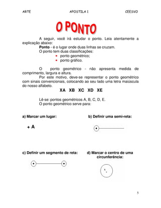 ARTE APOSTILA 1 CEESVO
5
A seguir, você irá estudar o ponto. Leia atentamente a
explicação abaixo:
Ponto - é o lugar onde duas linhas se cruzam.
O ponto tem duas classificações:
•••• ponto geométrico;
•••• ponto gráfico.
O ponto geométrico - não apresenta medida de
comprimento, largura e altura.
Por este motivo, deve-se representar o ponto geométrico
com sinais convencionais, colocando ao seu lado uma letra maiúscula
do nosso alfabeto.
XA XB XC XD XE
Lê-se: pontos geométricos A, B, C, D, E.
O ponto geométrico serve para:
a) Marcar um lugar:
+ A
b) Definir uma semi-reta:
c) Definir um segmento de reta: d) Marcar o centro de uma
circunferência:
 