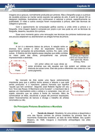 imagens era a gravura, normalmente produzida por pintores. Mas a fotografia surgiu e a pintura
de cavalete precisou se manter sendo exposta nas galerias de arte. A partir do século XX os
designers (estilistas, ilustradores etc) continuaram a valorizar a pintura, especificamente na
publicidade. O vídeo e outros avanços foram incorporados à pintura, além das técnicas de
colagens e gravuras.
Com o aparecimento da computação gráfica ocorreu a união entre a pintura e a
fotografia. Uma imagem digital é composta por pixels e por isso pode se unir as técnicas de
fotografia, desenho, escultura 3d e pintura.
Esse novo momento gerou uma renovação nas técnicas dos pintores tradicionais que
aos poucos adaptaram ou abandonaram as antigas formas de pintura.
Cor
A cor é o elemento básico da pintura. A relação entre os
diversos tons prende o olhar do espectador levando-o a
experimentar sensações de profundidade, sombra, frio, calor, entre
outras. A História da Arte registra essas relações que estão contidas
na maior parte das obras, principalmente nas pinturas
impressionistas e abstratas.
Um pintor utiliza em suas obras as
cores primárias que são aquelas que não podem ser obtidas por
misturas de outras cores. Elas são puras e diferentes nas cores-luz e nas
cores-pigmento.
No mercado de Arte existe uma figura extremamente
importante para que o público tenha acesso e adquira o que está
sendo produzido: é o marchand, palavra francesa que significa
“aquele que tem comércio”. Segundo José Roberto Aguilar em seu
livro “Arco das Rosas: O Marchand como Curador”, o marchand não é
apenas um intermediário entre o artista e o comprador, mas sim um
sujeito visionário que se coloca à frente do mercado. Além de
comercializar as telas, esculturas e peças ele promove exposições,
obtém financiamentos de bancos e divulga o trabalho de artistas
renomados ou não.
Os Principais Pintores Brasileiros e Mundiais
• Tarsila do Amaral - Brasileira, foi uma pintora e desenhista e
uma das figuras centrais da pintura brasileira da primeira fase do
movimento modernista brasileiro, ao lado de Anita Malfatti. Seu quadro
Abaporu, de 1928, inaugura o movimento antropofágico nas artes
plásticas.
37
Pixels
O Marchand
O Campo de Papoulas
(1873) de Claude Monet -
óleo sobre tela. Museu
d'Orsay, Paris.
Capítulo IV
 