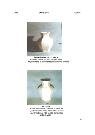ARTE MÓDULO 1 CEESVO
12
Aparecimento da luz lateral
Na parte central do vaso há uma zona
de penumbra; o outro lado permanece na sombra.
Luz frontal
Aparece iluminado o centro do vaso. As
partes laterais estão na sombra. A zona
sombreada nós não vemos, porque fica
atrás do vaso.
 