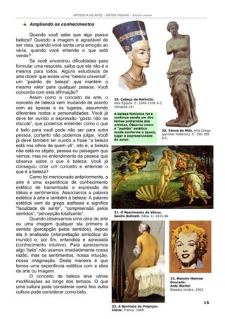 APOSTILA DE ARTE – ARTES VISUAIS – Garcia Junior
15
Ampliando os conhecimentos
Quando você sabe que algo possui
beleza? Quando a imagem é agradável de
ser vista, quando você sente uma emoção ao
vê-la, quando você entende o que está
vendo?
Se você encontrou dificuldades para
formular uma resposta, saiba que ela não é a
mesma para todos. Alguns estudiosos de
arte dizem que existe uma “beleza universal”,
um “padrão de beleza” que mantém o
mesmo valor para qualquer pessoa. Você
concorda com esta afirmação?
Assim como o conceito de arte, o
conceito de beleza vem mudando de acordo
com as épocas e os lugares, assumindo
diferentes rostos e personalidades. Você já
deve ter ouvido a expressão “gosto não se
discute”, que podemos entender como o que
é belo para você pode não ser para outra
pessoa, portanto não podemos julgar. Você
já deve também ter ouvido a frase “a beleza
está nos olhos de quem vê”, isto é, a beleza
não está no objeto, pessoa ou paisagem que
vemos, mas no entendimento da pessoa que
observa sobre o que é beleza. Você já
conseguiu criar um conceito e entender o
que é a beleza?
Como foi mencionado anteriormente, a
arte é uma experiência de conhecimento
estético de transmissão e expressão de
idéias e sentimentos. Associamos a palavra
estética à arte e também à beleza. A palavra
estética vem do grego aisthesis e significa
“faculdade de sentir”, “compreensão pelos
sentidos”, “percepção totalizante”.
Quando observamos uma obra de arte
ou uma imagem qualquer ela primeiro é
sentida (percepção pelos sentidos), depois
ela é analisada (interpretação simbólica do
mundo) e, por fim, entendida e apreciada
(conhecimento intuitivo). Para apreciarmos
algo “belo” não usamos imediatamente nossa
razão, mas os sentimentos, nossa intuição,
nossa imaginação. Desta maneira é que
temos uma experiência estética com a obra
de arte ou imagem.
O conceito de beleza teve várias
modificações ao longo dos tempos. O que
uma cultura pode considerar como feio outra
cultura pode considerar como belo.
29. Cabeça de Nefertiti.
Arte Egípcia. C. 1348-1336 A.C.
(dinastia 18)
30. Vênus de Milo. Arte Grega
(período Helênico). C. 150-100
A.C.
31. O Nascimento de Vênus.
Sandro Botticelli. Itália. C. 1435-86
32. A Banhista de Valpiçon.
Ingres. França. 1808.
A beleza feminina foi e
continua sendo um dos
temas preferidos dos
artistas. Observe como
o “padrão” estético
muda conforme a época,
lugar e expressividade
do autor.
33. Marylin Monroe
Dourada.
Andy Warhol.
Estados Unidos. 1962
 