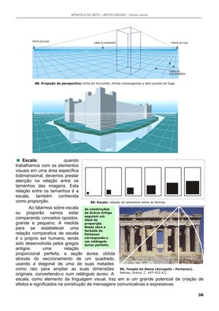 APOSTILA DE ARTE – ARTES VISUAIS – Garcia Junior
36
Escala: quando
trabalhamos com os elementos
visuais em uma área específica
bidimensional, devemos prestar
atenção na relação entre os
tamanhos das imagens. Esta
relação entre os tamanhos é a
escala, também conhecida
como proporção.
Ao falarmos sobre escala
ou proporão vamos estar
comparando conceitos opostos:
grande e pequeno. A medida
para se estabelecer uma
relação comparativa de escala
é o próprio ser humano, tendo
sido desenvolvida pelos gregos
antigos uma relação
proporcional perfeita, a seção áurea, obtida
através do seccionamento de um quadrado,
usando a diagonal de uma de suas metades
como raio para ampliar as suas dimensões
originais, convertendo-o num retângulo áureo. A
escala, como elemento da linguagem visual, traz em si um grande potencial de criação de
efeitos e significados na construção de mensagens comunicativas e expressivas.
89. Escala: relação de tamanhos entre as formas.
88. Projeção de perspectiva: linha do horizonte, linhas convergentes e dois pontos de fuga.
90. Templo de Atena (Acropolis - Partenon).
Atenas, Grécia. C. 447-432 A.C.
As construções
da Grécia Antiga
seguiam um
ideal de
proporção.
Nesta obra a
fachada do
Partenon
corresponde a
um retângulo
áureo perfeito.
 