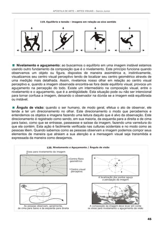APOSTILA DE ARTE – ARTES VISUAIS – Garcia Junior
46
Nivelamento e aguçamento: ao buscarmos o equilíbrio em uma imagem instável estamos
usando outro fundamento da composição que é o nivelamento. Este princípio funciona quando
observamos um objeto ou figura, dispostos de maneira assimétrica e, instintivamente,
visualizamos seu centro visual perceptivo tendo de localizar seu centro geométrico através de
uma medição mais detalhada. Assim, nivelamos nosso olhar em relação ao centro visual
perceptivo e, quando a imagem observada encontra-se fora deste equilíbrio visual, provoca um
aguçamento na percepção do todo. Existe um intermediário na composição visual, entre o
nivelamento e o aguçamento, que é a ambigüidade. Esta situação pode ou não ser intencional
para tornar confusa a imagem, deixando o observador na dúvida se a imagem está equilibrada
ou instável.
Ângulo de visão: quando o ser humano, de modo geral, efetua o ato de observar, ele
tende a ter um direcionamento no olhar. Este direcionamento o modo que percebemos e
entendemos os objetos e imagens fazendo uma leitura daquilo que é alvo da observação. Este
direcionamento é registrado como sendo, em sua maioria, da esquerda para a direita e de cima
para baixo, como que se entrasse, passeasse e saísse da imagem, fazendo uma varredura do
que ela contém. Esta ação é facilmente verificada nas culturas ocidentais e no modo como as
pessoas lêem. Quando sabemos como as pessoas observam a imagem podemos compor seus
elementos de maneira que atraiam a sua atenção e a mensagem visual seja transmitida e
expressada da maneira como desejamos.
119.
120.
 