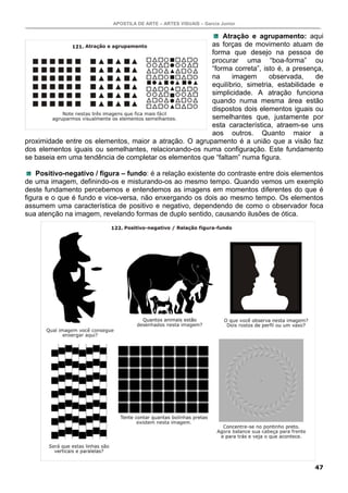 APOSTILA DE ARTE – ARTES VISUAIS – Garcia Junior
47
Atração e agrupamento: aqui
as forças de movimento atuam de
forma que desejo na pessoa de
procurar uma “boa-forma” ou
“forma correta”, isto é, a presença,
na imagem observada, de
equilíbrio, simetria, estabilidade e
simplicidade. A atração funciona
quando numa mesma área estão
dispostos dois elementos iguais ou
semelhantes que, justamente por
esta característica, atraem-se uns
aos outros. Quanto maior a
proximidade entre os elementos, maior a atração. O agrupamento é a união que a visão faz
dos elementos iguais ou semelhantes, relacionando-os numa configuração. Este fundamento
se baseia em uma tendência de completar os elementos que “faltam” numa figura.
Positivo-negativo / figura – fundo: é a relação existente do contraste entre dois elementos
de uma imagem, definindo-os e misturando-os ao mesmo tempo. Quando vemos um exemplo
deste fundamento percebemos e entendemos as imagens em momentos diferentes do que é
figura e o que é fundo e vice-versa, não enxergando os dois ao mesmo tempo. Os elementos
assumem uma característica de positivo e negativo, dependendo de como o observador foca
sua atenção na imagem, revelando formas de duplo sentido, causando ilusões de ótica.
121.
122.
 