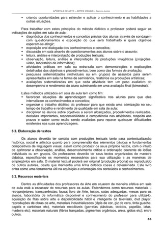 APOSTILA DE ARTE – ARTES VISUAIS – Garcia Junior
55
criando oportunidades para estender e aplicar o conhecimento e as habilidades a
outras situações.
Para trabalhar com estes princípios do método didático o professor poderá seguir as
indicações de ações em sala de aula:
diagnóstico dos conhecimentos e conceitos prévios dos alunos através de sondagem
com questionamentos e exposição do que será trabalhado e quais objetivos
esperam-se atingir;
exposição oral dialogada dos conhecimentos e conceitos;
discussão em sala através de questionamentos aos alunos sobre o assunto;
leitura, análise e interpretação de produções textuais;
observação, leitura, análise e interpretação de produções imagéticas (projeções,
vídeo, laboratório de informática);
atividades práticas em sala ou extra-sala com demonstrações e explicações
detalhadas dos objetivos e procedimentos, bem como das formas de avaliação;
pesquisas sistematizadas (individuais ou em grupos) de assuntos para serem
apresentadas em sala na forma de seminários, relatórios ou produções artísticas;
avaliações sistematizadas em que cada atividade tem um peso avaliativo do
desempenho e rendimento do aluno culminando em uma avaliação final (bimestral).
Estes métodos utilizados em sala de aula tem como fim:
favorecer situações de aprendizagem significativa nos alunos para que eles
internalizem os conhecimentos e conceitos;
organizar o trabalho didático do professor para que exista uma otimização no seu
tempo de trabalho e rendimento de qualidade em sala de aula;
disciplinar os alunos sobre objetivos a serem alcançados, procedimentos realizados,
decisões importantes, responsabilidade e competência nas atividades, respeito aos
prazos e saber como estão sendo avaliados para reparar quaisquer dificuldades
existentes nas suas aprendizagens.
6.2. Elaboração de textos
Os alunos deverão ter contato com produções textuais tanto para contextualização
histórica, social e artística quanto para compreensão dos elementos básicos e fundamentos
compositivos da linguagem visual, assim como produzir os seus próprios textos, com o intuito
de aprimorar a observação, análise, desenvolvimento crítico e ordenação coerente de idéias
individuais ou em grupos. Os professores deverão ter seus textos organizados de maneira
didática, especificando os momentos necessários para sua utilização e as maneiras de
empregá-los em sala. O material textual poderá ser original (produção própria) ou reproduzido
de outros autores, desde que mantenha uma linha didática coesa e determinada. Este livro
entra como uma ferramenta útil na aquisição e orientação dos conteúdos e conhecimentos.
6.3. Recursos materiais
Dentre as dificuldades dos professores de Arte em atuarem de maneira efetiva em sala
de aula está a escassez de recursos para as aulas. Entendemos como recursos materiais –
retroprojetores; transparências; lousa; livro de Arte, textos, salas adequadas, mesas para os
alunos, laboratório de informática disponível e conhecimento do professor para utilizá-lo,
aquisição de fitas sobre arte e disponibilidade hábil e inteligente da televisão, dvd player,
reproduções de obras de arte, materiais industrializados (lápis de cor, giz de cera, tinta guache,
papéis e cartolinas etc), materiais recicláveis (garrafas plásticas, tecidos, papelão, latas,
madeira etc); materiais naturais (fibras trançadas, pigmentos orgânicos, areia, grãos etc); entre
outros.
 