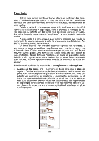 112
Especiação
O livro mais famoso escrito por Darwin chama-se “A Origem das Espé-
cies”. O interessante é que, apesar do título, em todo o seu livro, Darwin não
descreve um único caso concreto, observado na natureza, de nascimento de
uma espécie.
Sendo a evolução um processo muito lento, realmente é muito difícil
vermos esse nascimento. A especiação, como é chamada a formação de no-
vas espécies, é, portanto, um dos temas mais polêmicos acerca da evolução.
Há muita discussão sobre como o “nascimento” de uma espécie realmente
ocorre.
A especiação é o termo utilizado para definir o processo que resulta no
surgimento de uma nova espécie a partir de uma espécie já estabelecida. An-
tes, no entanto é preciso definir espécie.
O termo “espécie” vem do latim species e significa tipo, qualidade. É
empregado na linguagem cotidiana para designar tanto organismos vivos como
coisas não vivas. Existem vários conceitos de espécies, mas em 1942, Ernest
Mayr(1945-2005) propôs uma definição de espécie válida até hoje, apesar de
suas limitações. Nessa definição, “espécie é um grupo de populações cujos
indivíduos são capazes de cruzar e produzir descendentes férteis, em condi-
ções naturais, estando reprodutivamente isolados de indivíduos de outras es-
pécies”.
Há dois modelos básicos de especiação: por anagênese e por cladogênese.
 Anagênese: (do grego: aná – movimento de baixo para cima, e génesis:
origem.). Consiste na transformação das características dentro de uma es-
pécie, com mudanças graduais que levam à adaptação evolutiva. Uma po-
pulação vai lentamente se adaptando a modificações ambientais, de tal
forma que a população final é tão diferente da inicial, que pode ser conside-
rada outra espécie.Um exemplo muito bem documentado pelo registro fóssil
de especiação por anagênese é o cavalo. Veja nos desenhos abaixo os vá-
rios gêneros de cavalo que aparecem no registro fóssil, até chegar ao gêne-
ro atual (Equus).
 
