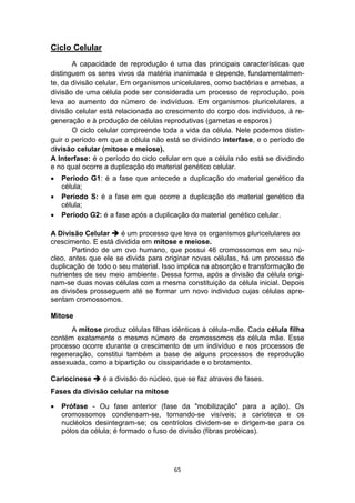 65
Ciclo Celular
A capacidade de reprodução é uma das principais características que
distinguem os seres vivos da matéria inanimada e depende, fundamentalmen-
te, da divisão celular. Em organismos unicelulares, como bactérias e amebas, a
divisão de uma célula pode ser considerada um processo de reprodução, pois
leva ao aumento do número de indivíduos. Em organismos pluricelulares, a
divisão celular está relacionada ao crescimento do corpo dos indivíduos, à re-
generação e à produção de células reprodutivas (gametas e esporos)
O ciclo celular compreende toda a vida da célula. Nele podemos distin-
guir o período em que a célula não está se dividindo interfase, e o período de
divisão celular (mitose e meiose).
A Interfase: é o período do ciclo celular em que a célula não está se dividindo
e no qual ocorre a duplicação do material genético celular.
 Período G1: é a fase que antecede a duplicação do material genético da
célula;
 Período S: é a fase em que ocorre a duplicação do material genético da
célula;
 Período G2: é a fase após a duplicação do material genético celular.
A Divisão Celular  é um processo que leva os organismos pluricelulares ao
crescimento. E está dividida em mitose e meiose.
Partindo de um ovo humano, que possui 46 cromossomos em seu nú-
cleo, antes que ele se divida para originar novas células, há um processo de
duplicação de todo o seu material. Isso implica na absorção e transformação de
nutrientes de seu meio ambiente. Dessa forma, após a divisão da célula origi-
nam-se duas novas células com a mesma constituição da célula inicial. Depois
as divisões prosseguem até se formar um novo individuo cujas células apre-
sentam cromossomos.
Mitose
A mitose produz células filhas idênticas à célula-mãe. Cada célula filha
contém exatamente o mesmo número de cromossomos da célula mãe. Esse
processo ocorre durante o crescimento de um indivíduo e nos processos de
regeneração, constitui também a base de alguns processos de reprodução
assexuada, como a bipartição ou cissiparidade e o brotamento.
Cariocinese  é a divisão do núcleo, que se faz atraves de fases.
Fases da divisão celular na mitose
 Prófase - Ou fase anterior (fase da "mobilização" para a ação). Os
cromossomos condensam-se, tornando-se visíveis; a carioteca e os
nucléolos desintegram-se; os centríolos dividem-se e dirigem-se para os
pólos da célula; é formado o fuso de divisão (fibras protéicas).
 